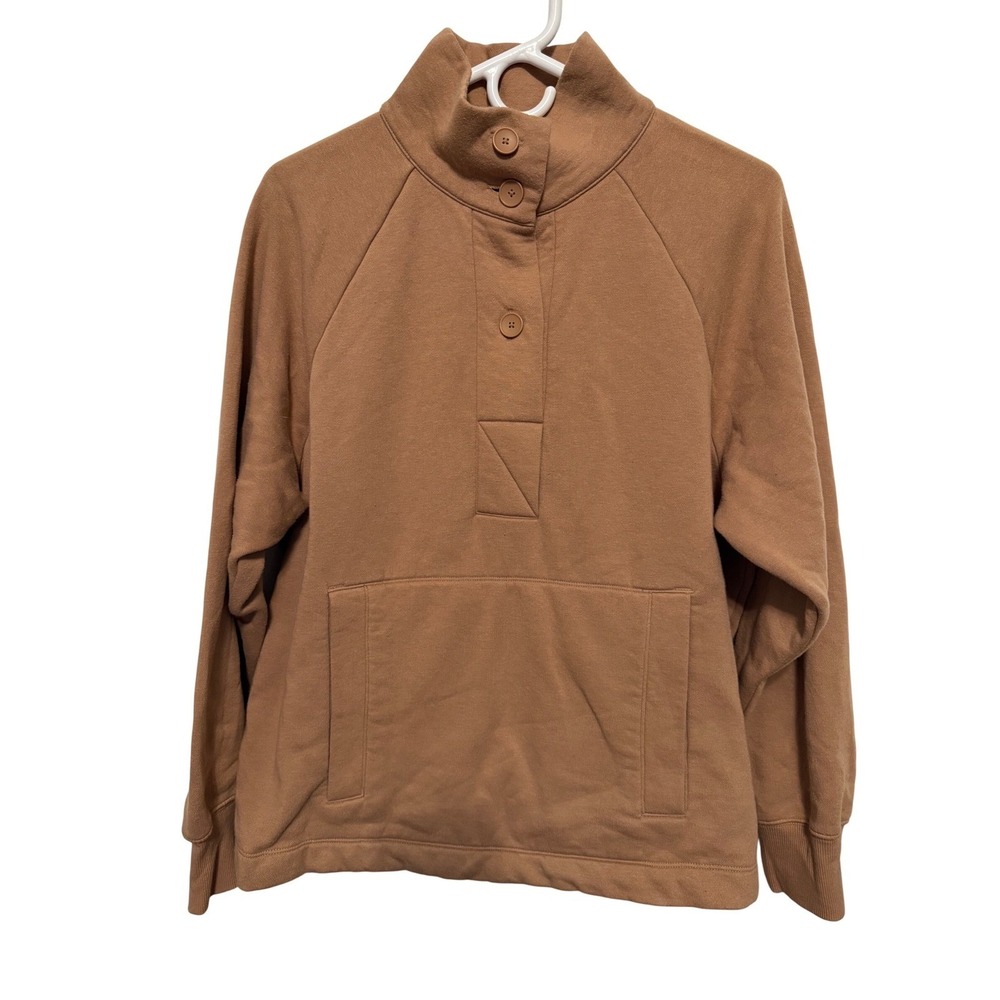 Free Assembly Women L Tan Mock Neck Pullover Sweatshirt Pocket Organic Cotton
